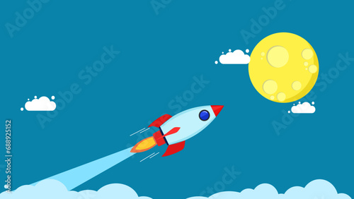 Business success. Rocket soars towards the moon vector