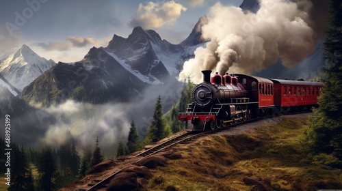 A steam locomotive with red trailers drives through the mountains photo