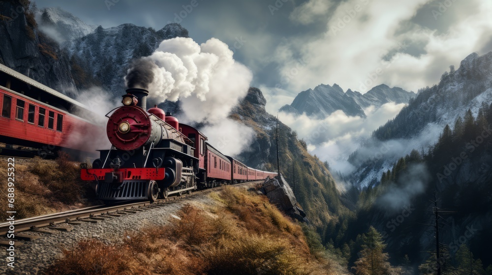 A steam locomotive with red trailers drives through the mountains - obrazy, fototapety, plakaty 