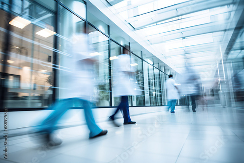 motion blur of medical workers walking in the hospital corridor, abstract background