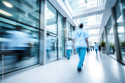 motion blur of medical workers walking in the hospital corridor, abstract background