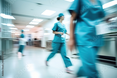 motion blur of medical workers walking in the hospital corridor, abstract background