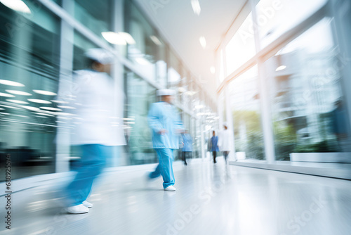 motion blur of medical workers walking in the hospital corridor, abstract background photo