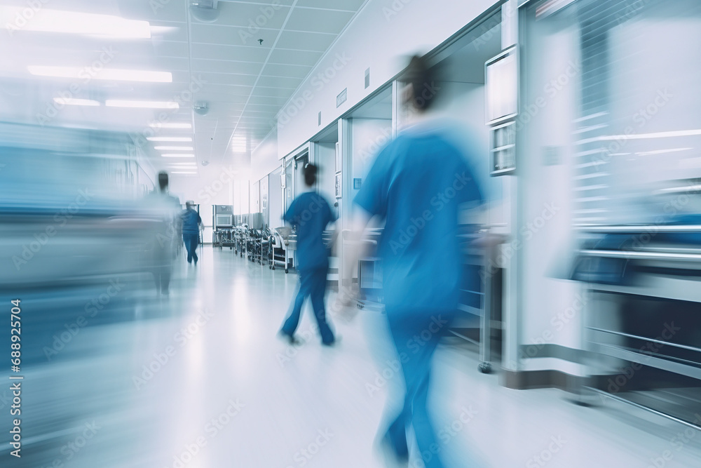 motion blur of medical workers walking in the hospital corridor, abstract background