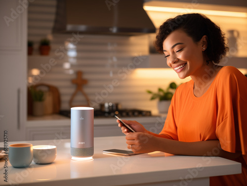 A Photo of an Individual Using a Smart Home Device to Manage Bill Payments with Voice Commands
