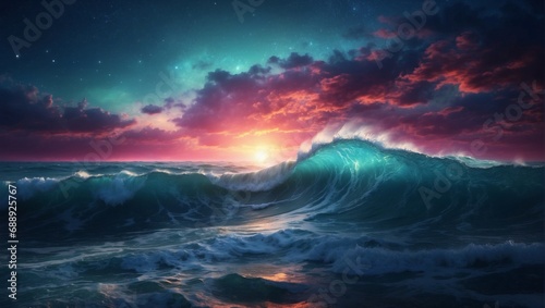 Ethereal Oceanic Symphony A Fantastic Quantum Interference of Waves in a Beautiful Night Sky and Full-Color Sunset Illustration