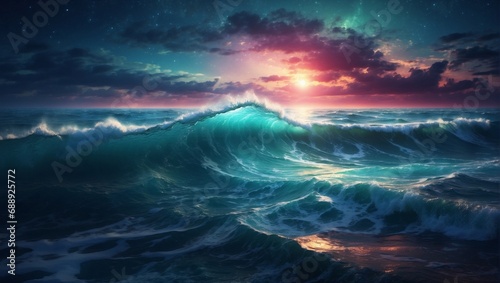 Quantum Serenity Illustration of an Ocean and Beautiful Night Sky with Fantastic Waves and Full-Color Sunset