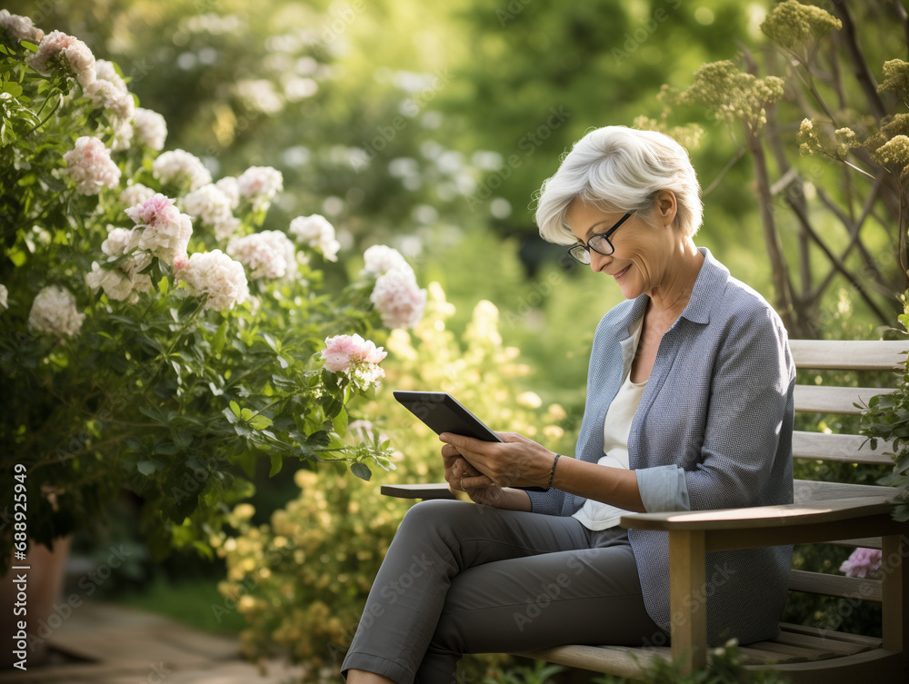 Fototapeta premium A Photo of a Woman Using a Retirement Planning App on Her Tablet Sitting in a Garden