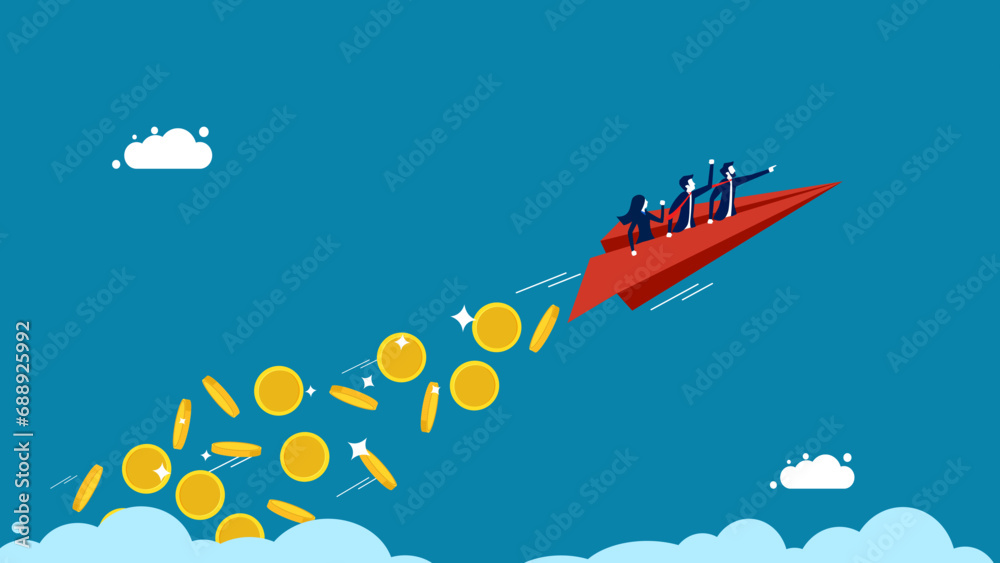 Business is driven by money. team of Business controls a confetti rocket to throw coins in the sky. vector illustration