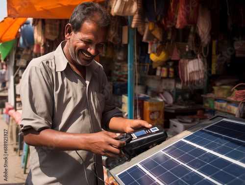 A Photo of a Market Vendor Using a Solar-Powered Mobile Device to Process Electronic Payments