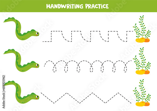 Tracing lines for kids. Cute cartoon green eel and seaweeds. Handwriting practice.