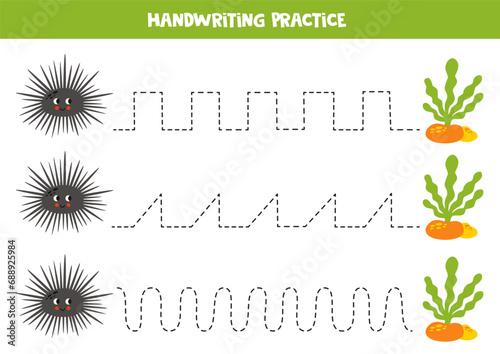 Tracing lines for kids. Cute cartoon sea urchin and seaweeds. Handwriting practice.