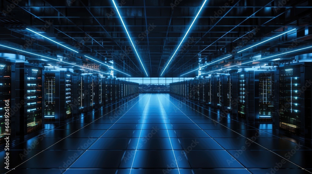 A Working Data Center With Rows of Rack Servers, Big Data Protection, Storage, Cloud Computing