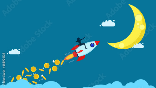 Business starting ideas. Rocket launches with flying coins. Vector illustration
