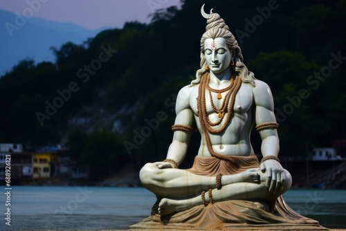 Rishikesh  India. Statue of Shiva sitting in meditation on the riverbank of Ganga in Rishikesh  Generative AI