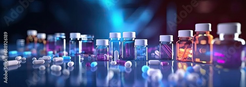 Bottles for pharmaceutical and healthcare medicines and drug research laboratory concept with copy space area