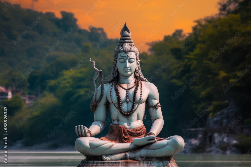 Statue of meditating Hindu god Shiva on the Ganges River at Rishikesh village in India, Generative AI - obrazy, fototapety, plakaty 