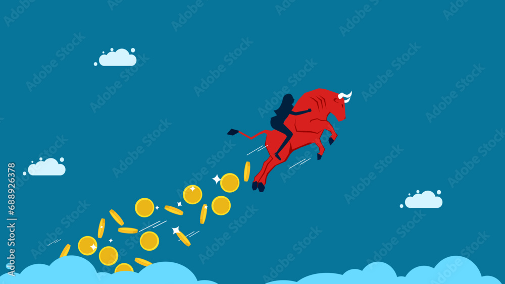 Asset trading, bull market. Businesswoman trading stocks sprinkles money in the sky. vector illustration