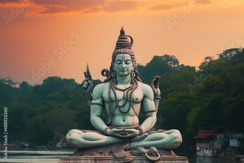 Statue of meditating Hindu god Shiva on the Ganges River at Rishikesh village in India, Generative AI