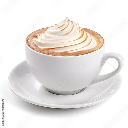 A cup of coffee with whipped cream on top. Gingerbread latte in a white cup isolated on white background, Hot coffee cappuccino latte in white cup with stirred spiral milk foam texture isolated 