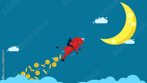 Profit from stock trading. man on the bull market sprinkles money in the sky. vector illustration