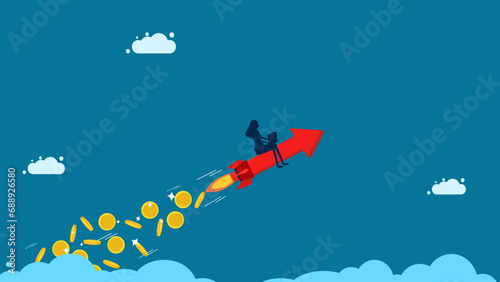 Business creates profit and grows. Businesswoman riding an arrow scattering money in the sky. Vector illustration