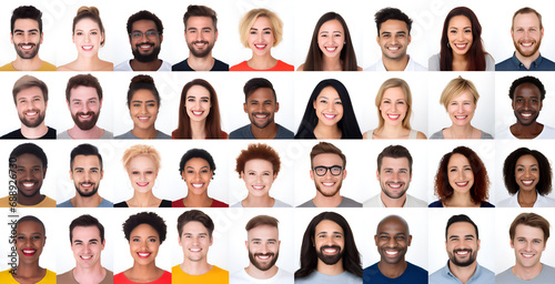 Many Headshots of a smiling men and women on a white background looking at the camera photo