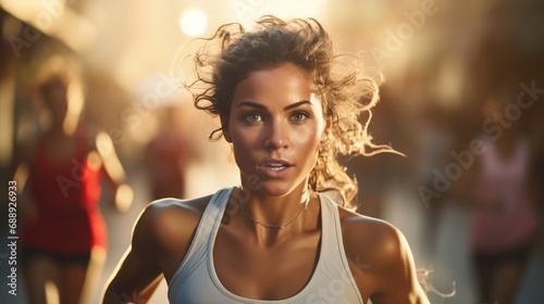 A determined young woman sprinting with unwavering focus through the exhilarating challenges of a marathon race.