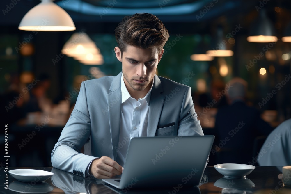 Business man busy working on laptop computer in office.