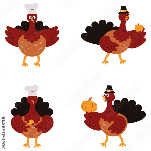 Set of Thanksgiving Turkey. With Modern Cartoon Shapes. Vector Illustration