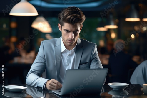 Business man busy working on laptop computer in office.
