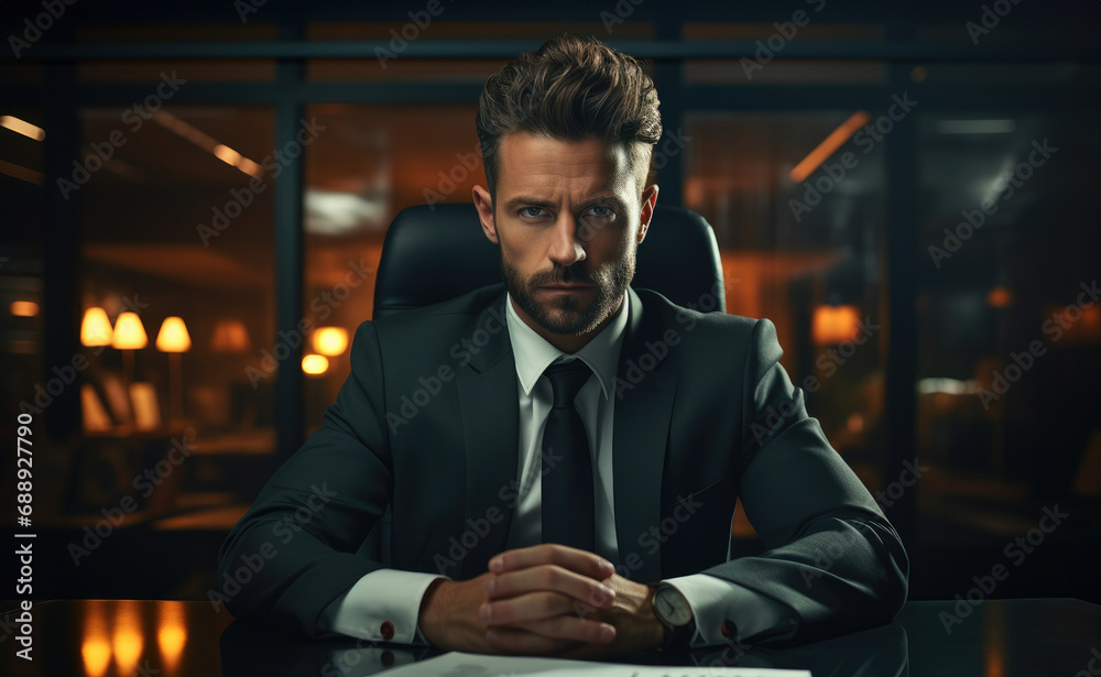 Serious businessman sitting at office desk at night. Serious businessman sitting at office desk at night.
