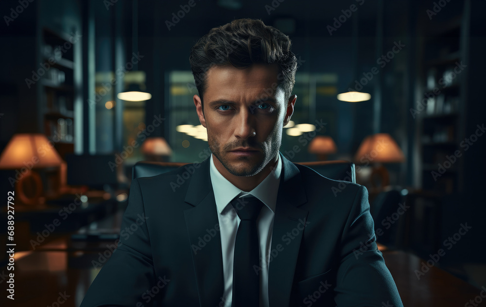 Serious businessman sitting at office desk at night.
