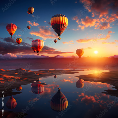 A cluster of hot air balloons rising at sunrise