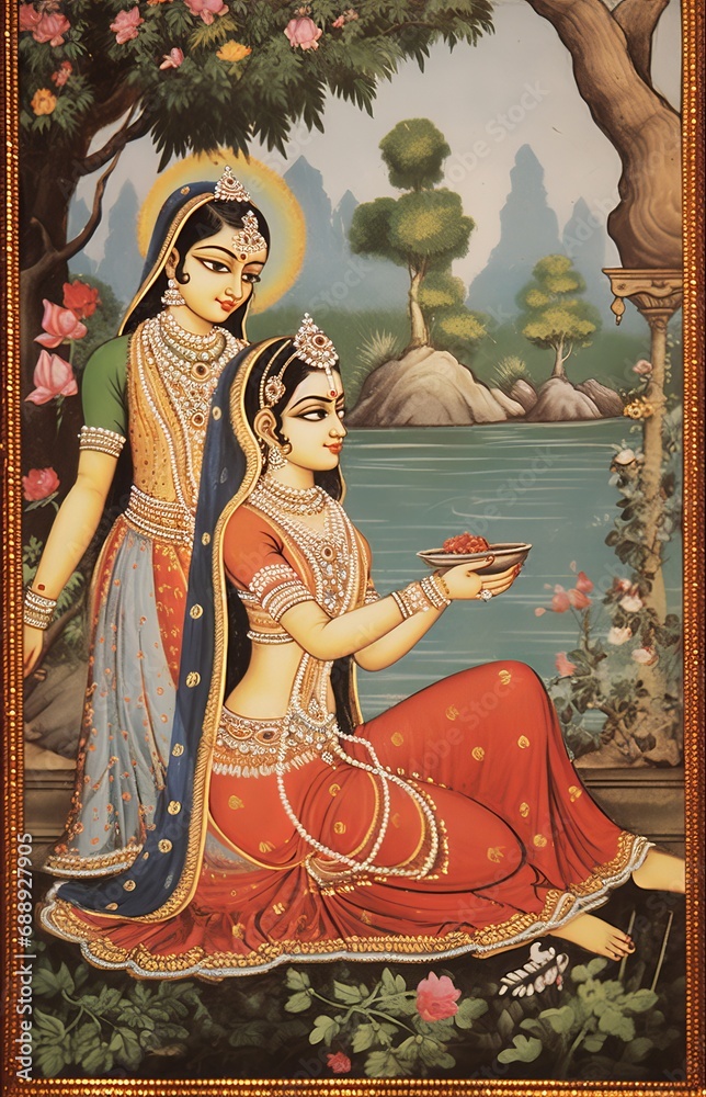 Painting depicting Radha looking at a picture of Krishna. India, Generative AI