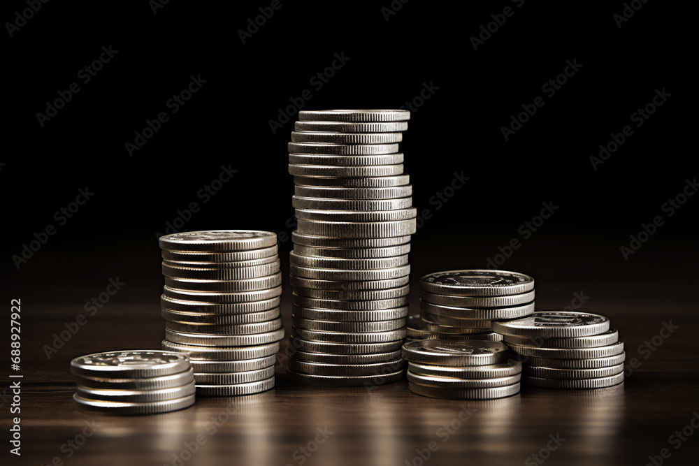 Stack of coins, silver coins pile on the table Stack of coins, silver coins pile on the table