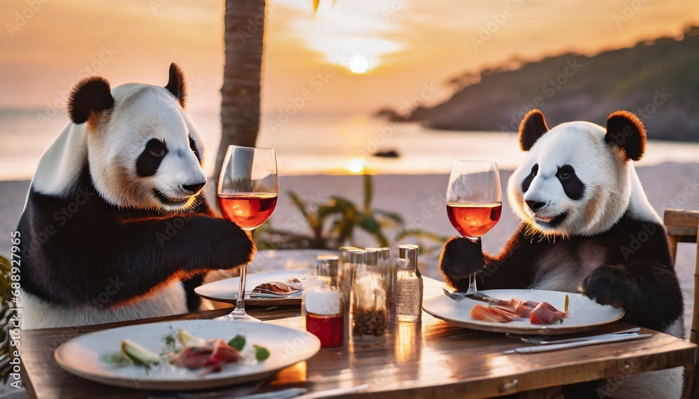 Panda Couple Enjoying a Romantic Dinner on Vacation - obrazy, fototapety, plakaty 