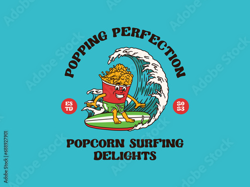 Cartoon Character Of A Popping Popcorn With A Vintage And Handwritten Style Goes On Holiday At The Beach