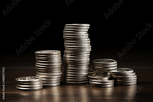 Stack of coins, silver coins pile on the table