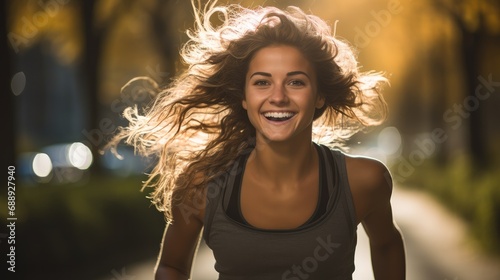 A young woman with a radiant smile, Engaged in a brisk run through a city park in the early morning.