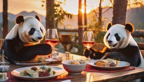 Panda Couple Enjoying a Romantic Dinner on Vacation