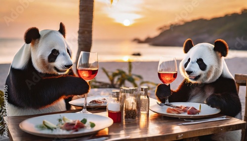 Panda Couple Enjoying a Romantic Dinner on Vacation
