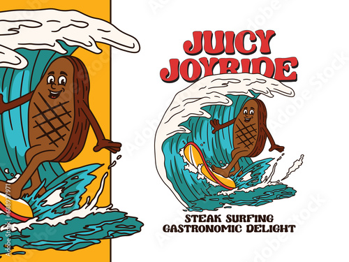 Cartoon Character Of A Steak Surfing With A Vintage And Handwritten Style Goes On Holiday At The Beach