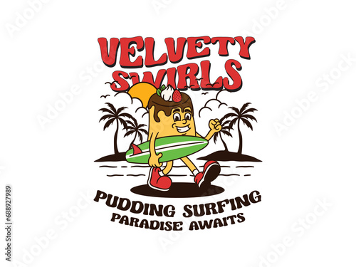 Cartoon Character Of A Pudding With A Vintage And Handwritten Style Goes On Holiday At The Beach
