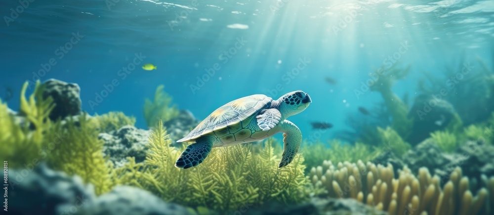 Tiny sea turtle in marine environment swimming Tiny sea turtle in marine environment swimming