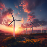A cluster of wind turbines against a vibrant sunset