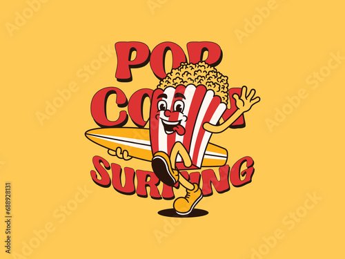 Cartoon Character Of A Popping Popcorn With A Vintage And Handwritten Style Goes On Holiday At The Beach