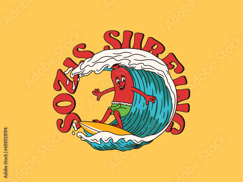 Cartoon Character Of A Sozis Surfing With A Vintage And Handwritten Style Goes On Holiday At The Beach