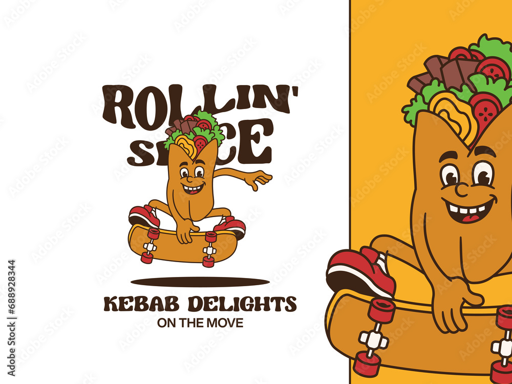 Cartoon Character of Funny Fast Food Playing Skateboard with Retro and Handwritten Style, Suitable for Poster and Sticker