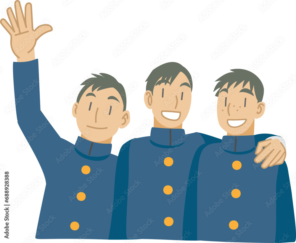 Naklejka premium 記念撮影で肩を組む男子学生たち